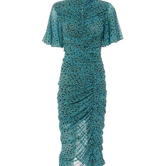 DVF Diane Von Furstenberg Olivia Mesh High Neck Blue ruched Floral Dress Size L - Picture 3 of 7